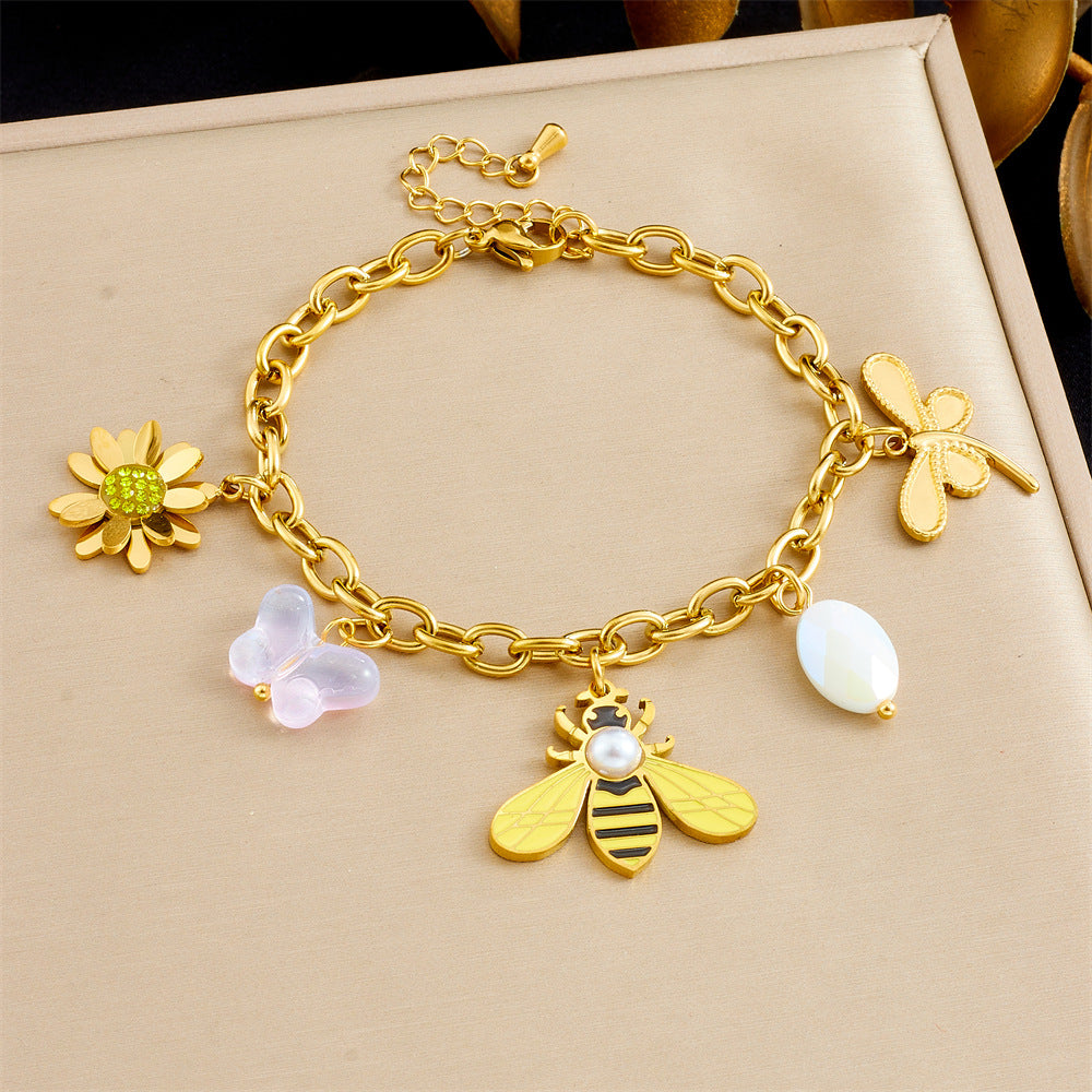Gold Plated Stainless Steel Butterfly Bee Flower Animal Charm Bracelet for Women