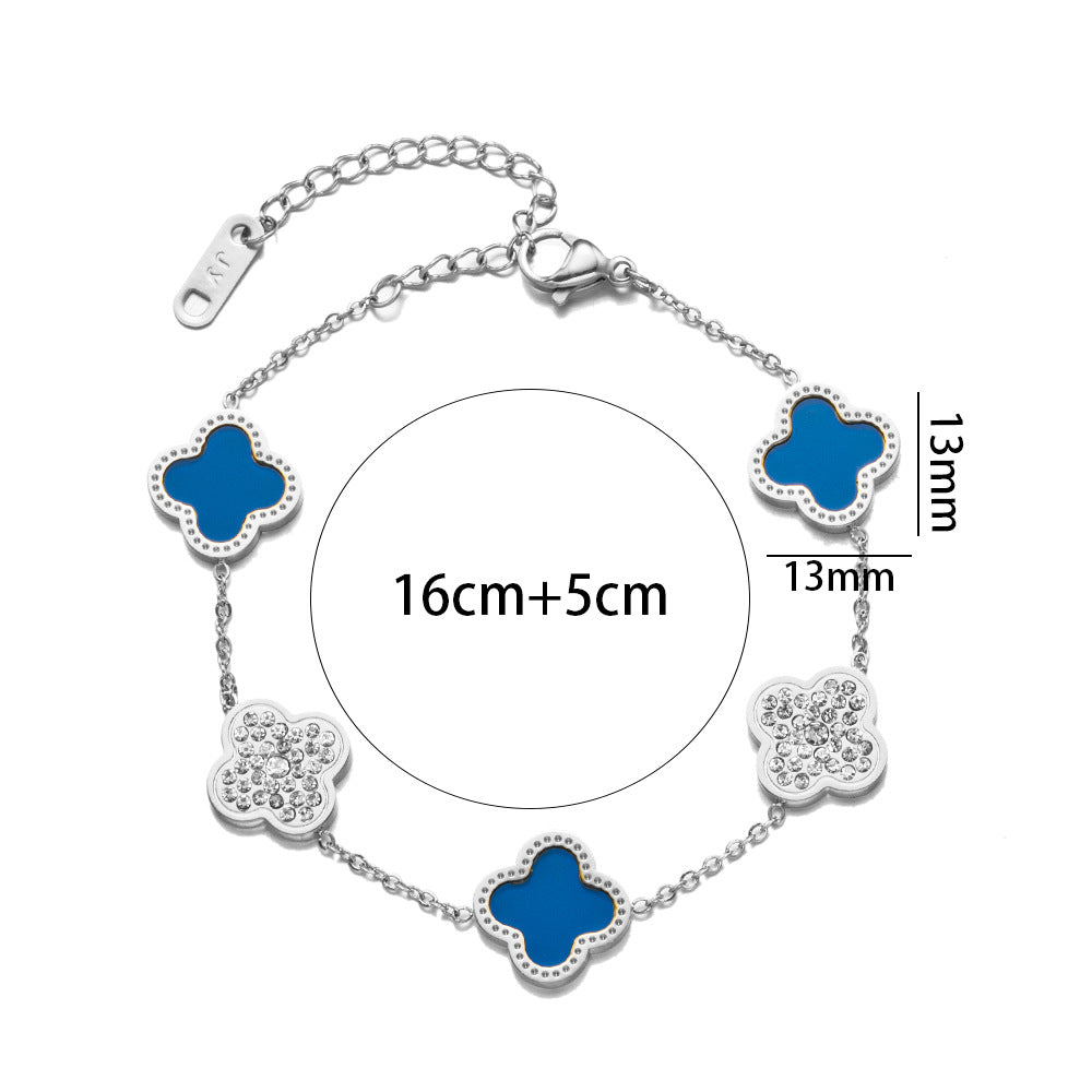 Fashion 18K Rose Gold Plated Titanium Steel Four-Leaf Clover Rhinestone Bracelet for Women