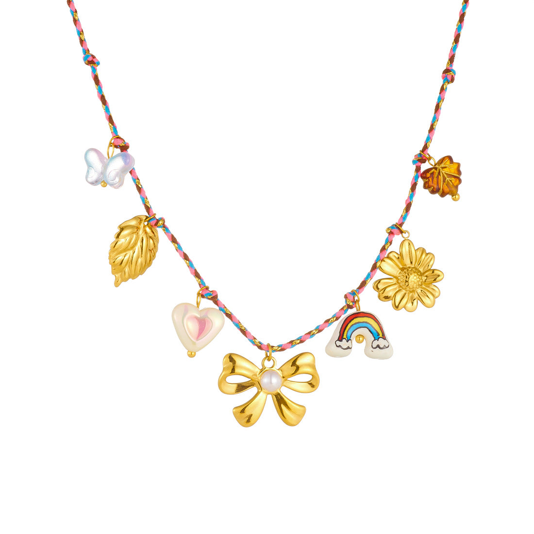 Rainbow Bow Stainless Steel Plated Pendant Necklace Charm Bar for Women