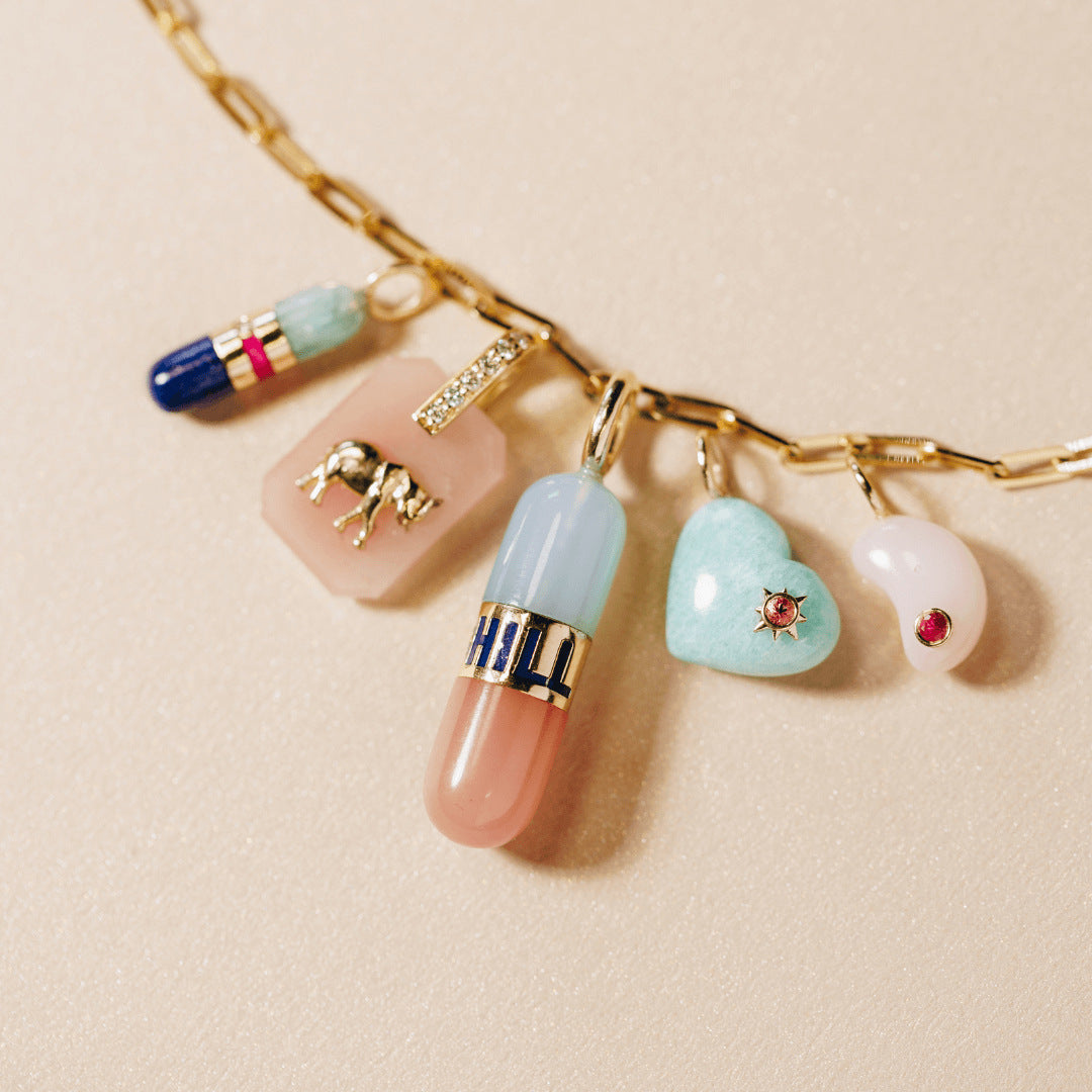 Minimalist Colorful Heart and Sun Geometric Rhinestone Inlaid Stainless Steel Necklace Charm Bar