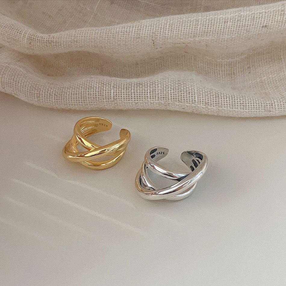 Vintage Elegant 925 Sterling Silver Geometric Abstract Woven Open Ring