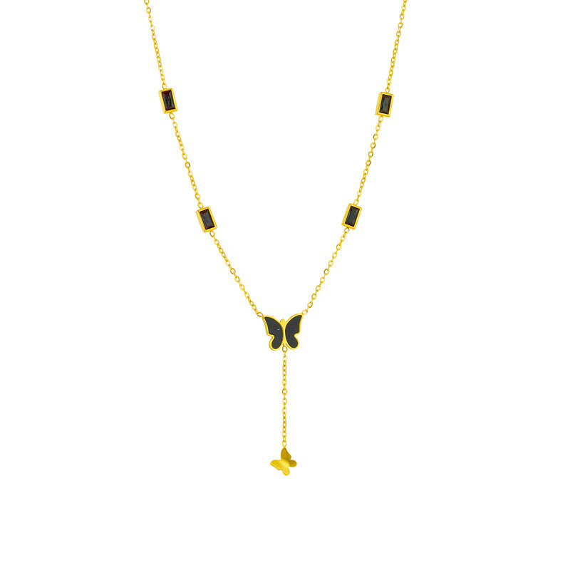 Fashionable Butterfly Pendant Necklace in Polished Titanium Steel with Black Rhinestone Accents for Women