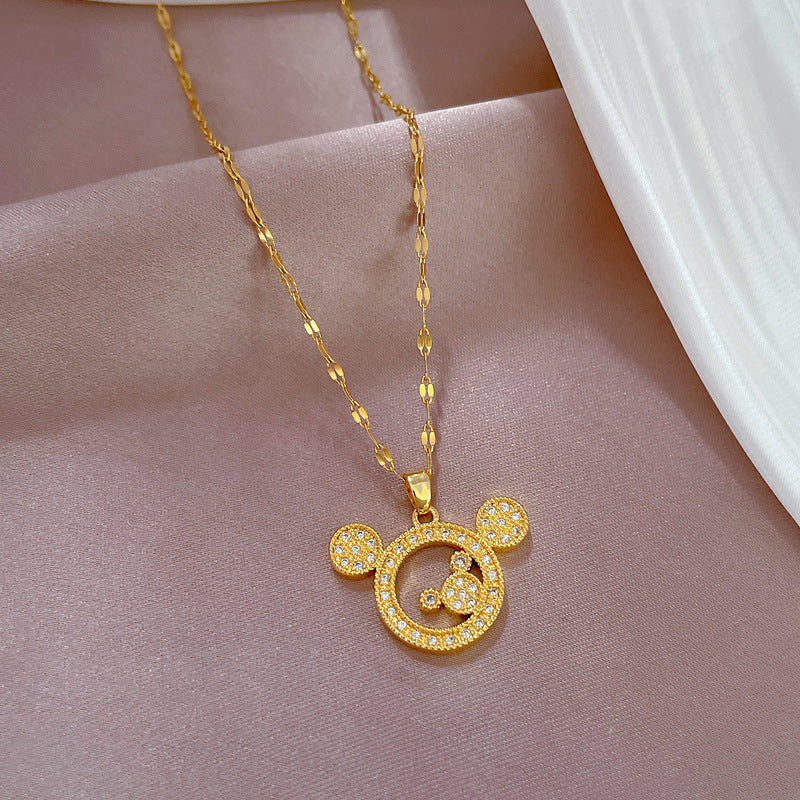 Luxury Titanium Steel Geometric Moon Pendant Necklace for Women and Men with Rhinestone Inlay and Plated Finish