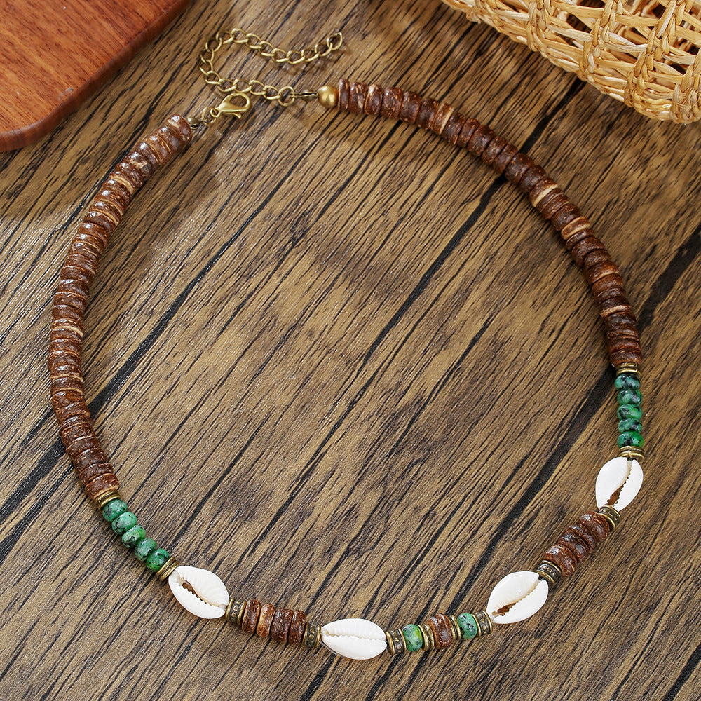 Ocean Style Geometric Round Turquoise Shell Coconut Shell Alloy Pendant Handmade Adjustable Woven Necklace for Men and Women