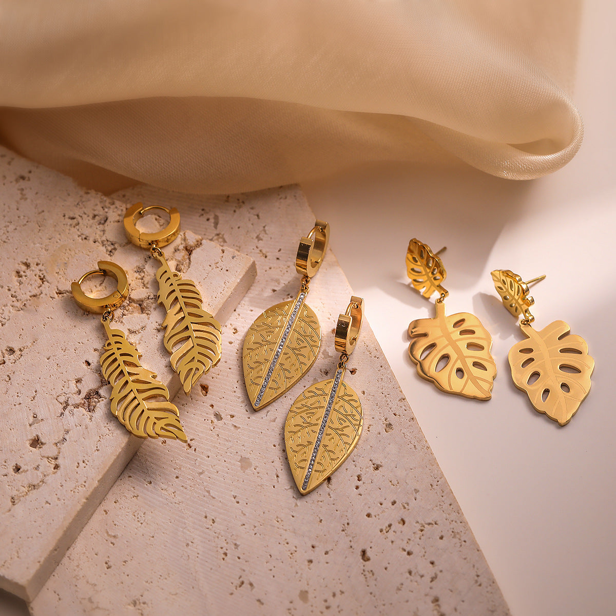 Minimalist Leaf-Shaped Titanium Steel Earrings for Women with Real Gold Plating