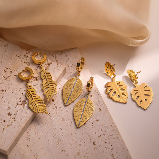 Minimalist Leaf-Shaped Titanium Steel Earrings for Women with Real Gold Plating