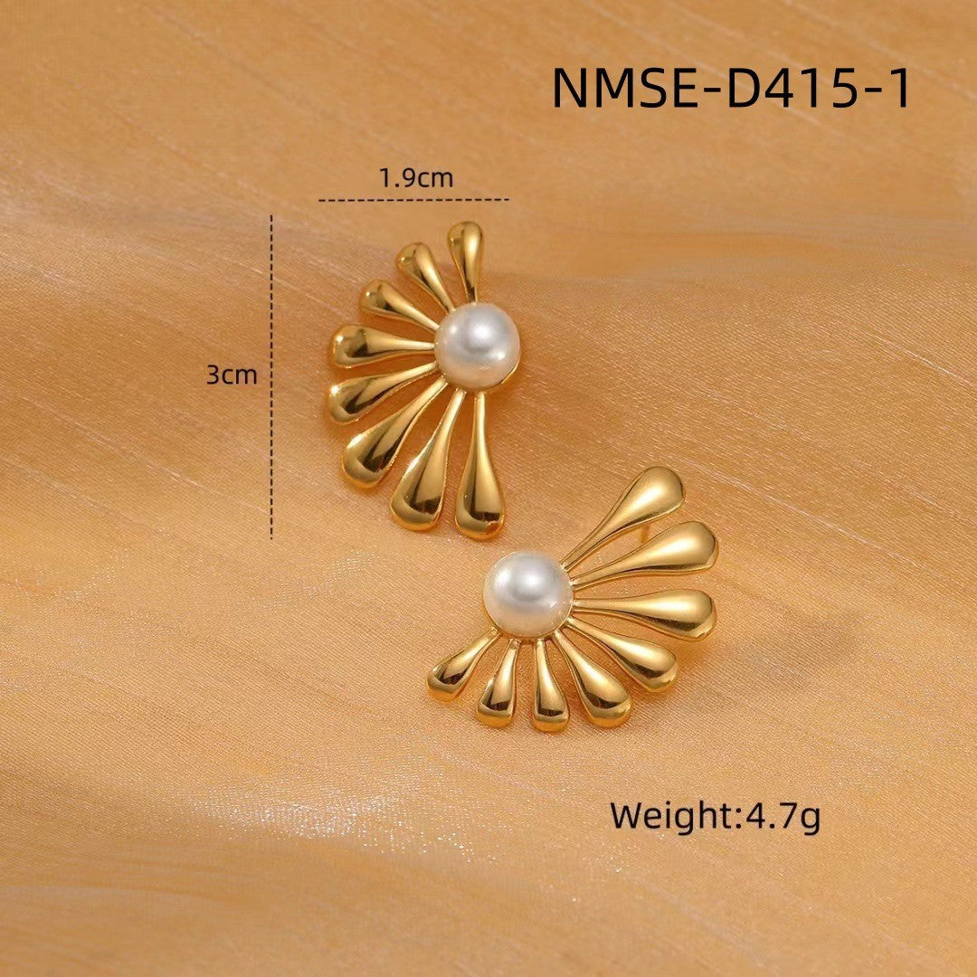 Pendientes de Acero Inoxidable con Forma de Pétalo Estilo OL de Moda con Baño de Oro de 18K y Acentos de Perlas