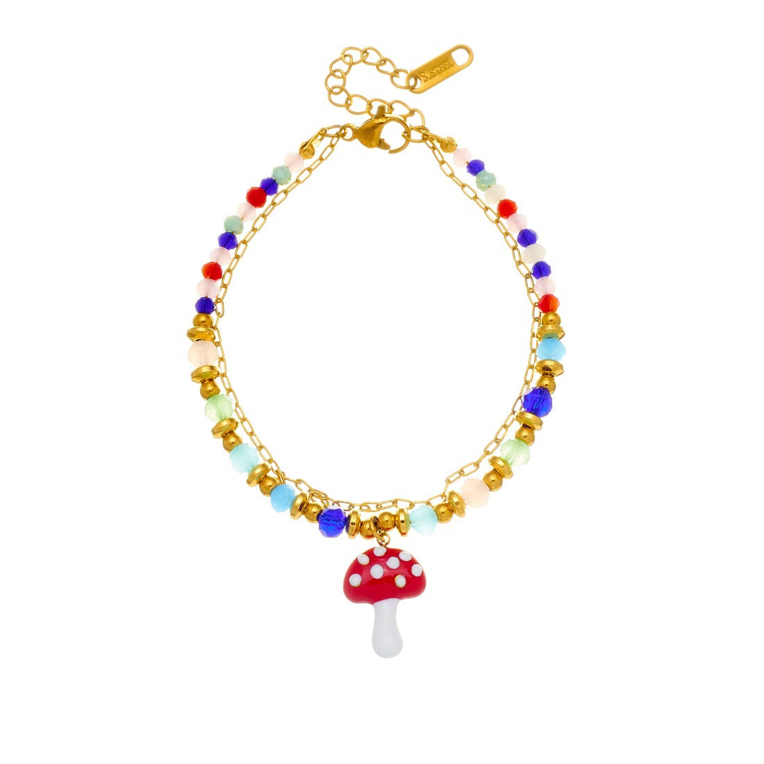 Sweet Cartoon Drip Oil Plated Stainless Steel Ladybug Strawberry Mushroom Resin Pendant Bracelet