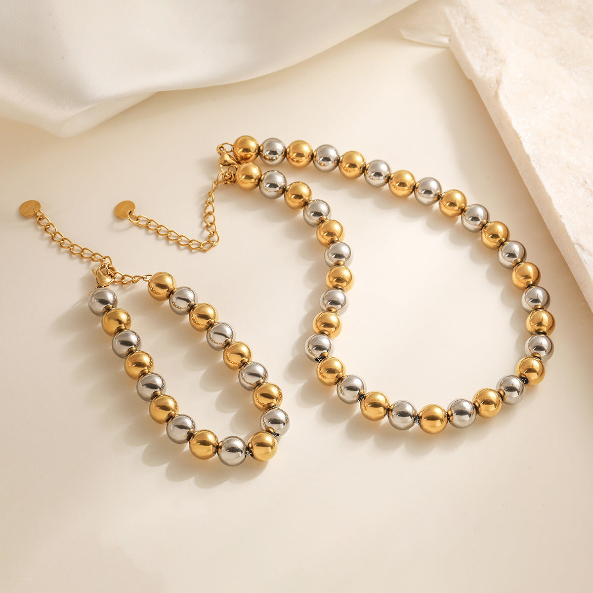 Minimalist 18K Gold Plated Round Ball Chain Stainless Steel Necklace and Bracelet Set for Women