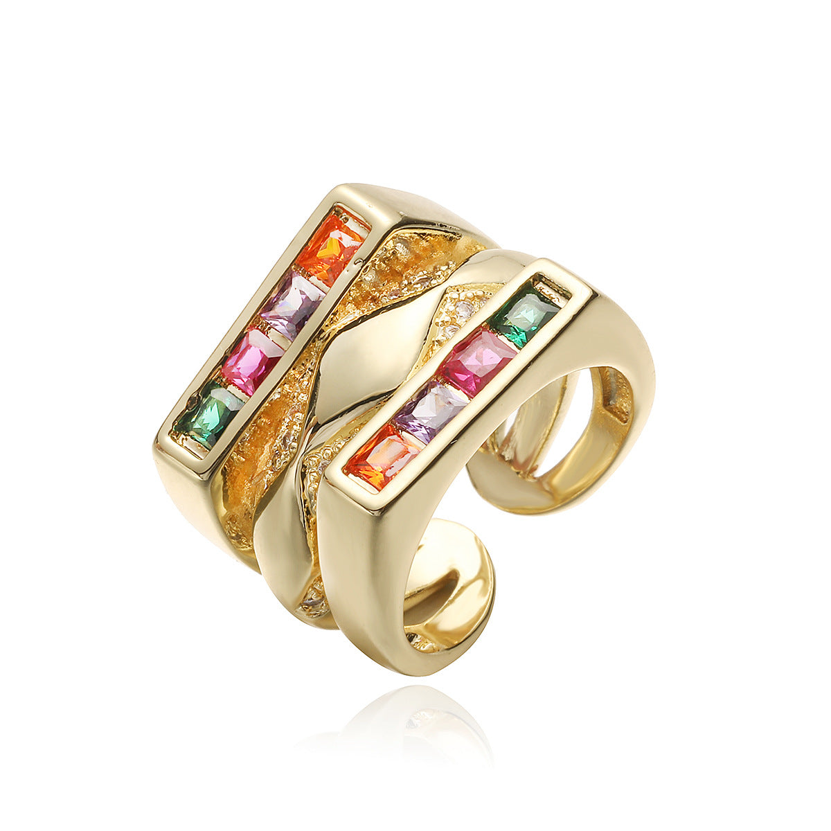 Minimalist Geometric Copper Ring with 18K Gold Plating and Zircon Inlay for Women
