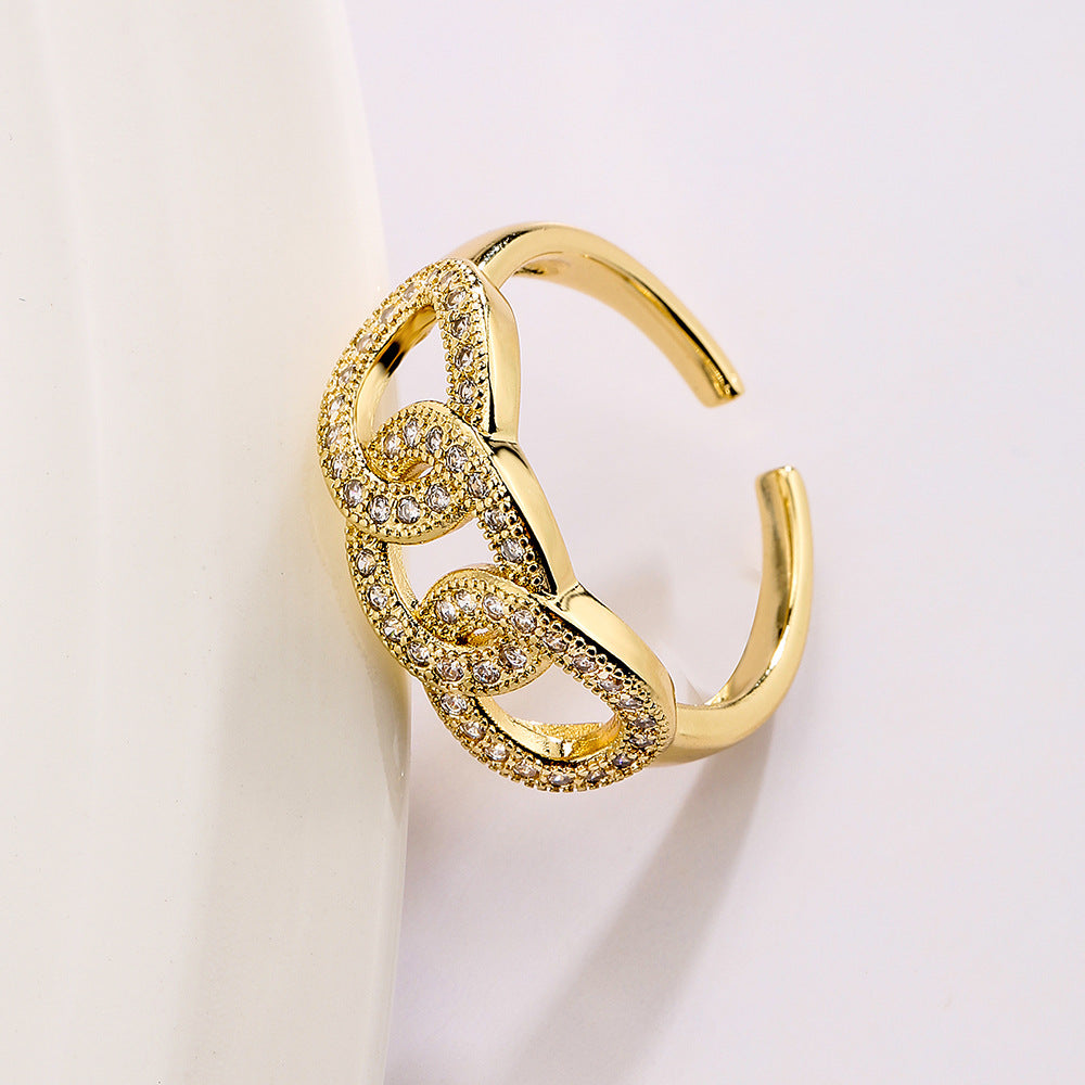 Anello Aperto Geometrico Minimalista da Donna Realizzato in Rame con Placcatura in Oro Vero e Zirconia Micro-Pavé