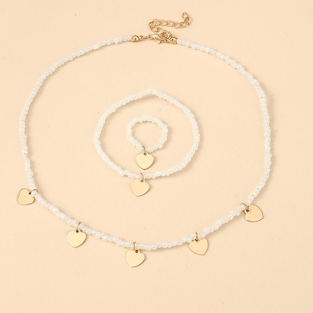Set di Collana, Bracciale e Anello a Perla a Forma di Cuore per Bambine - Gioielli Minimalisti Stile Principessa per Ragazze dai 6 ai 10 Anni