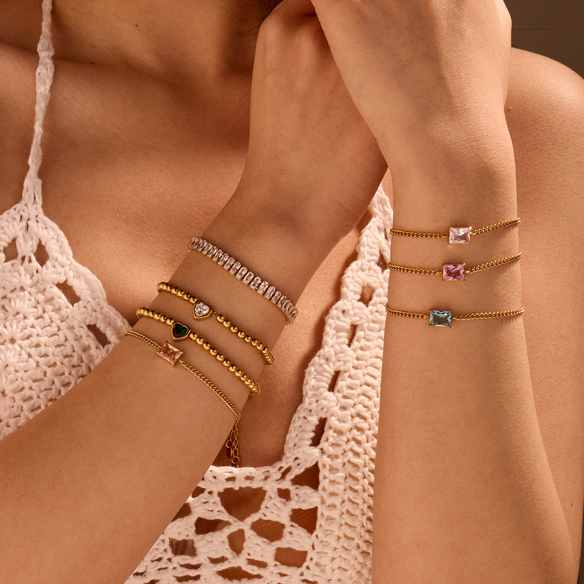 Pulsera de acero inoxidable con diseño geométrico y circonita cúbica para mujer, ajustable, joya minimalista