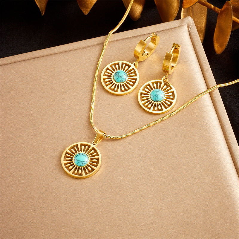 Set di Collana e Orecchini con Ciondolo Rotondo Geometrico Minimalista Vintage Turchese con Catena in Acciaio Inossidabile Placcato Oro