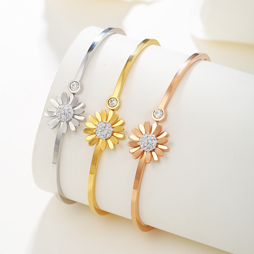 Fashion Floral Plant Rhinestone Inlay Plated Titanium Steel Open Cuff Bracelet for Women