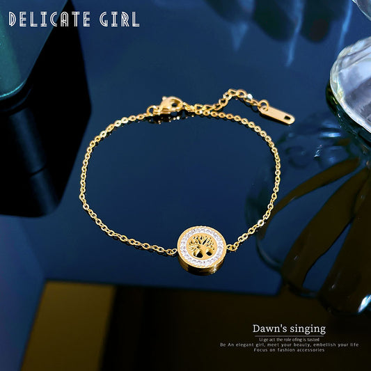 Vintage Style Round Disc Tree of Life Bracelet for Women Made of Titanium Steel with Rhinestone Inlay and Gold Plating