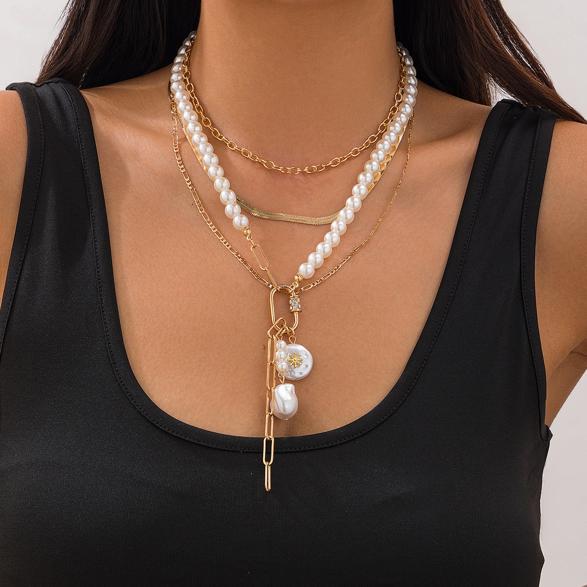 Casual Geometric Alloy Pearl Multi-layer Plated Ball Chain Necklace for Women
