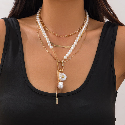 Casual Geometric Alloy Pearl Multi-layer Plated Ball Chain Necklace for Women