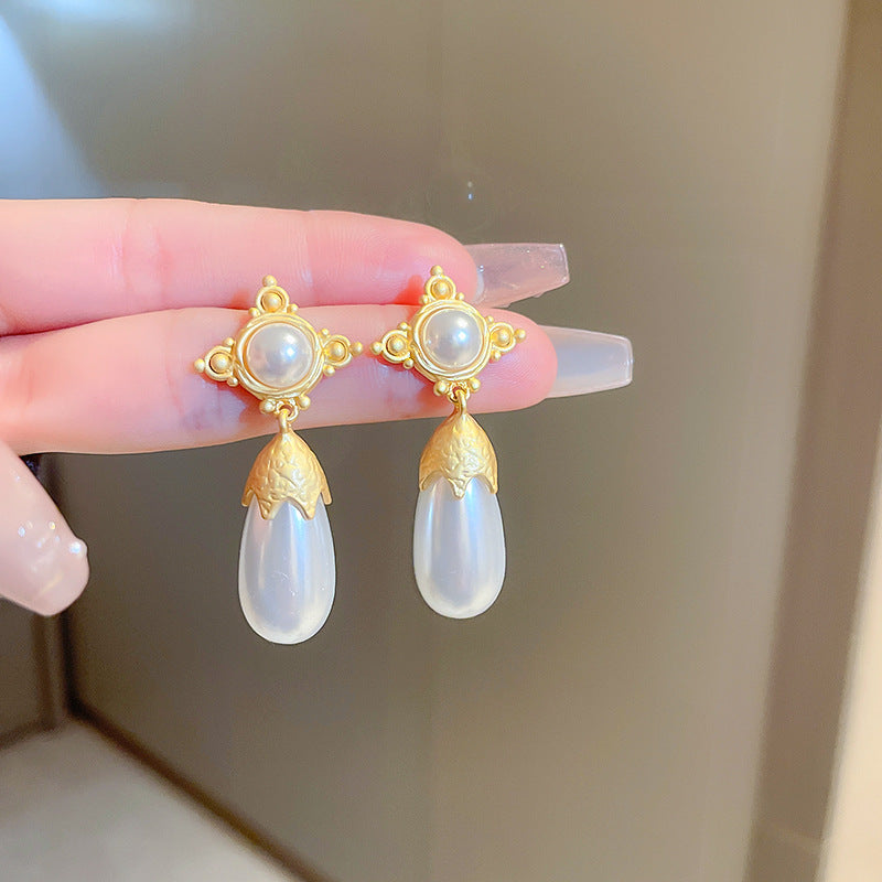 Vintage Pearl Drop Earrings with Gold Plating Stainless Steel Posts for Women