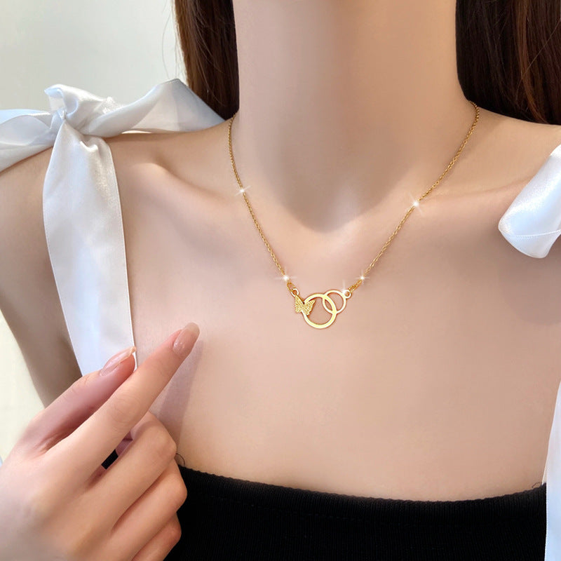Minimalist Titanium Steel Butterfly Pendant Necklace for Women with Gold Plating and Geometric Design Locket Chain