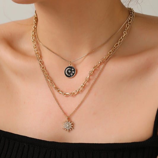 Gold Plated Drip Oil Star Moon Rhinestone Alloy Necklace for Women