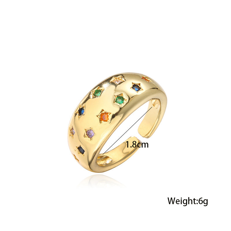 Anello a Stella Aperta Geometrico Minimalista da Donna in Ottone con Placcatura in Oro 18K e Intarsio di Zirconi Colorati