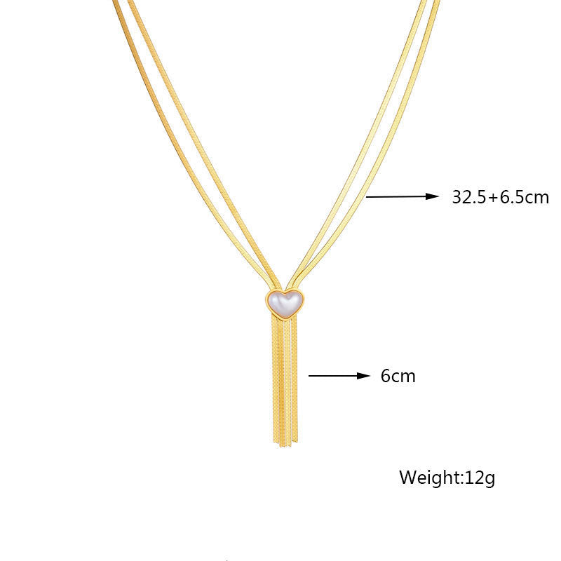Vintage Fashion Pearl and Heart Pendant Titanium Steel Plated Multi-Layer Necklace with Fringe Detail and Blade Chain