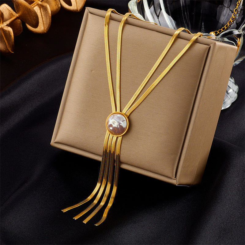 Vintage-Style Tassel Pendant Necklace with Titanium Steel Chain and Enamel Finish for Women