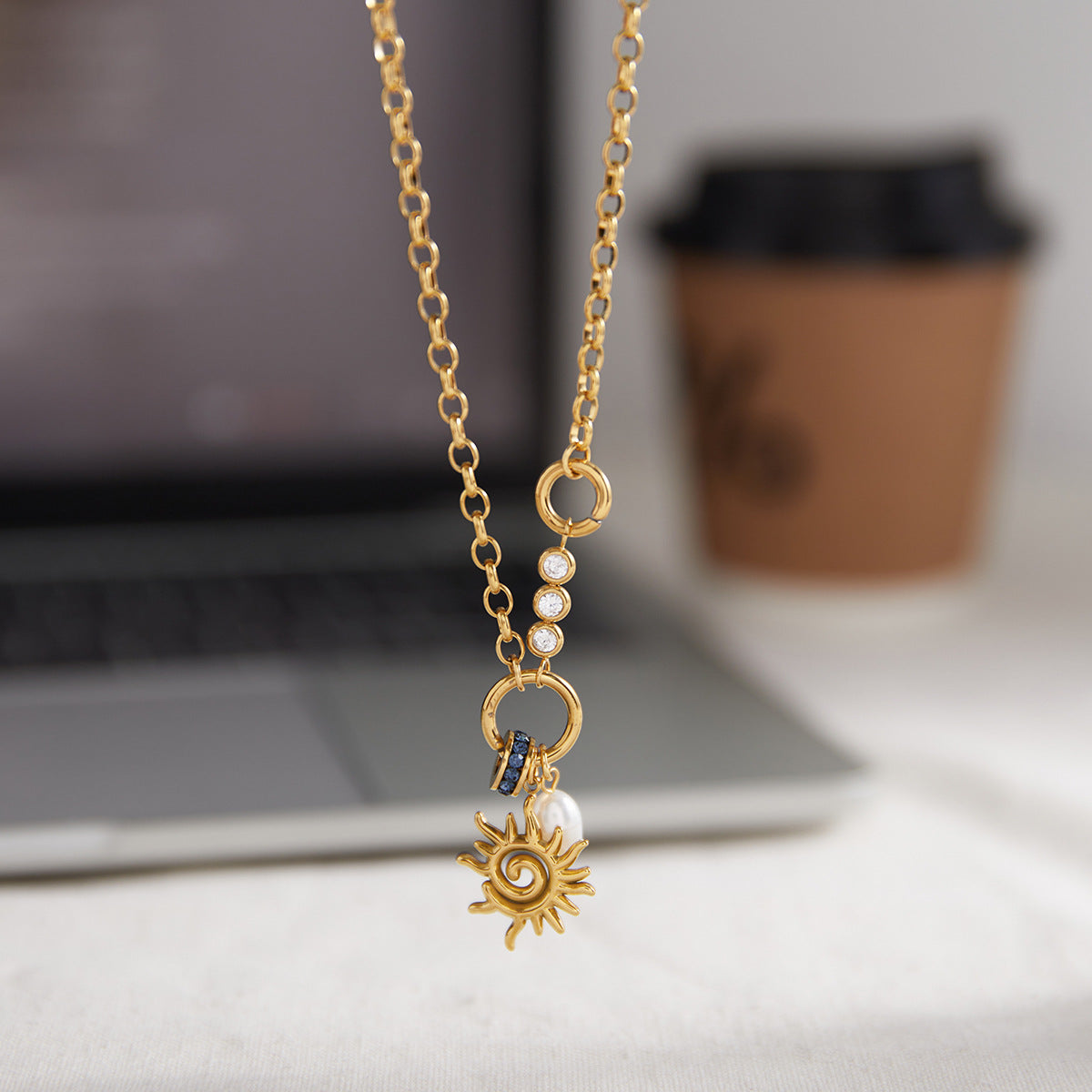 Minimalist Spiral Sun Titanium Steel Pendant with Freshwater Pearl Plated Necklace for Women