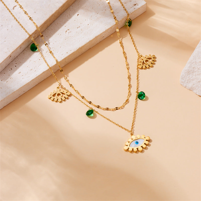 Vintage Minimalist Gold-Plated Stainless Steel Heart Butterfly Eye Pearl Pendant Multi-Layer Necklace