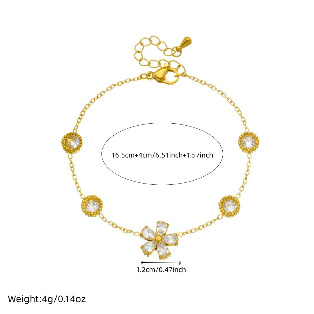 Minimalist Sweet Geometric Floral Rhinestone Inlay Gold Plated Stainless Steel Bracelet for Women