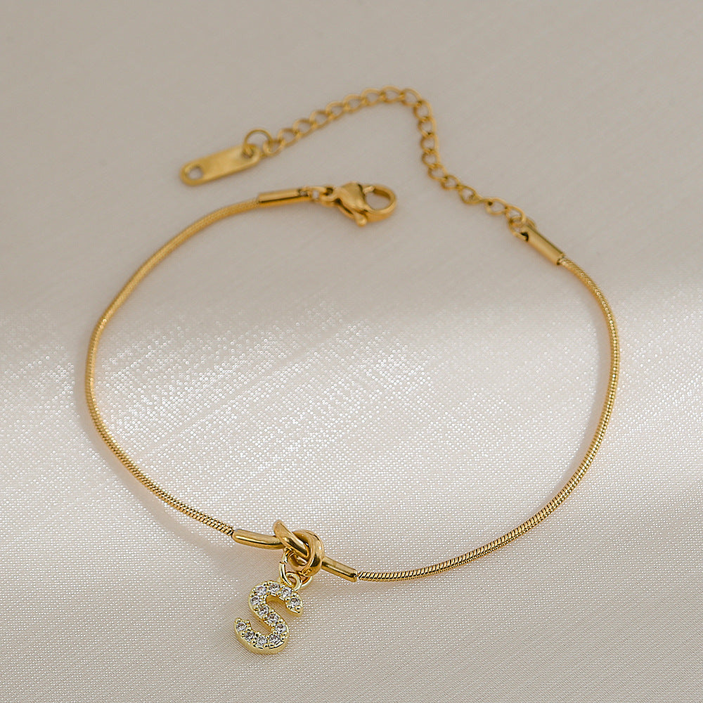 18K Gold Plated Stainless Steel Letter Heart Knot Charm Bar Bracelet for Women