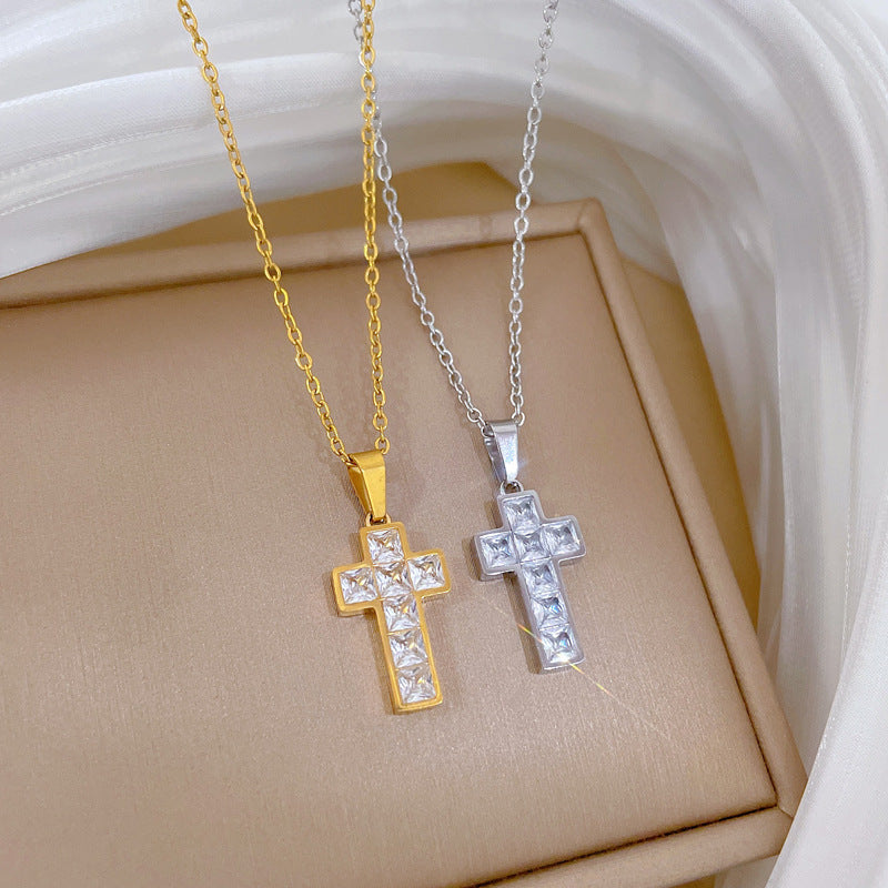 Sweet Cubic Zirconia Cross Plated Titanium Steel Necklace Curb Chain Unisex