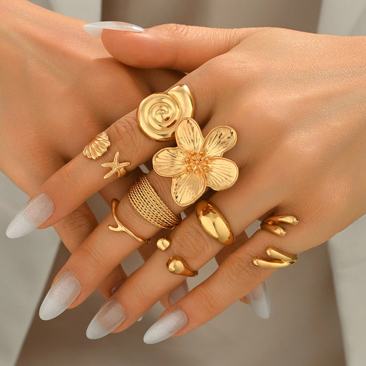 Anello da donna di lusso floreale geometrico in lega di zinco con finitura placcata, anelli a fascia aperta regolabile per indice