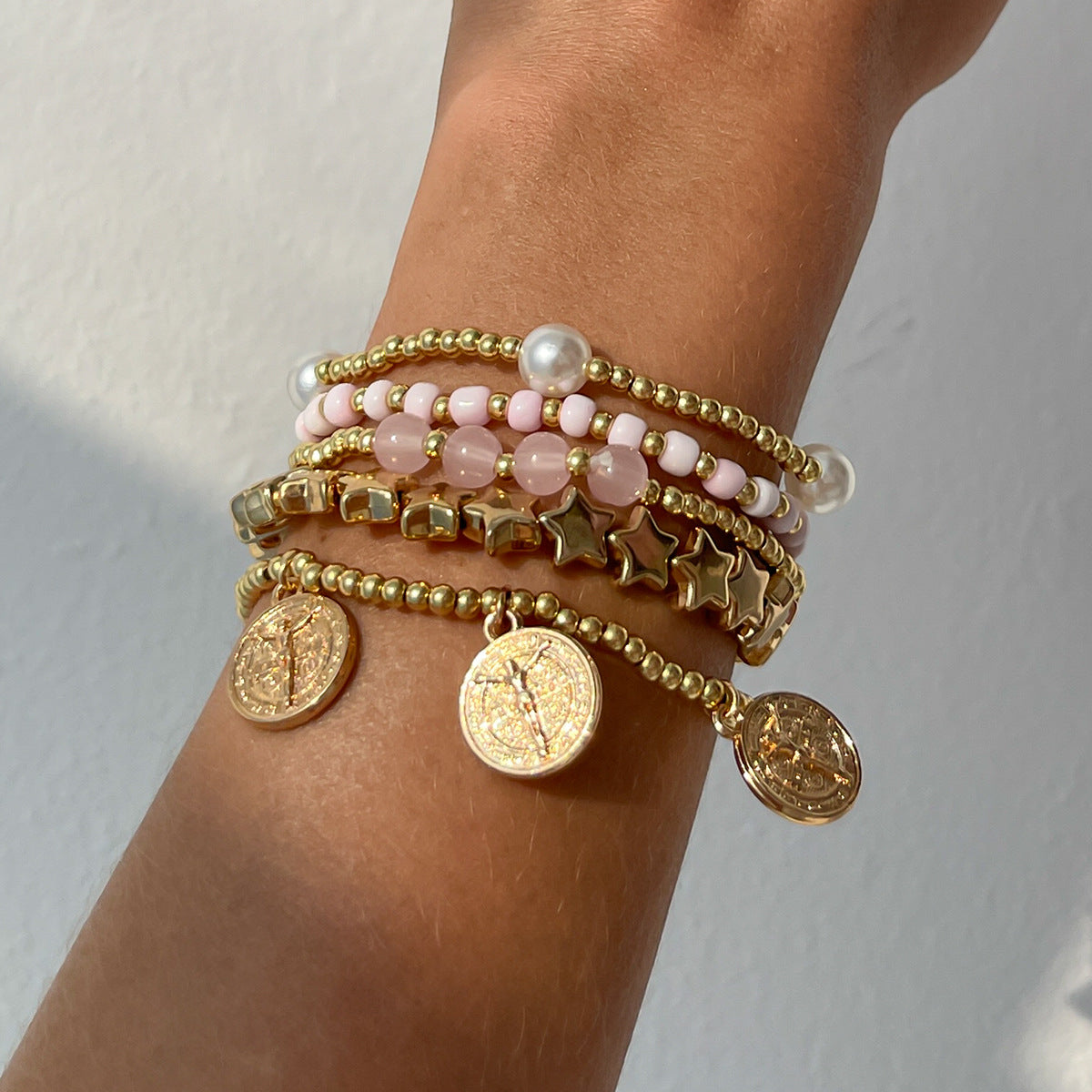 Pulsera de aleación electrochapada con forma de estrella, estilo vintage minimalista, con imitación de perla y borlas