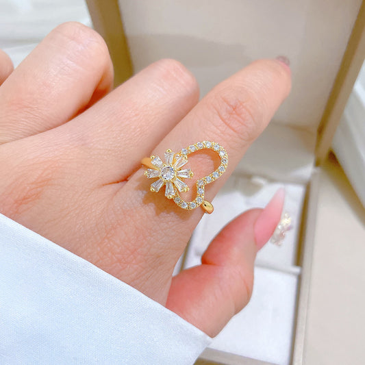 Sweet Gold Plated Brass Rotating Flower Crown Cubic Zirconia Adjustable Ring for Women and Couples