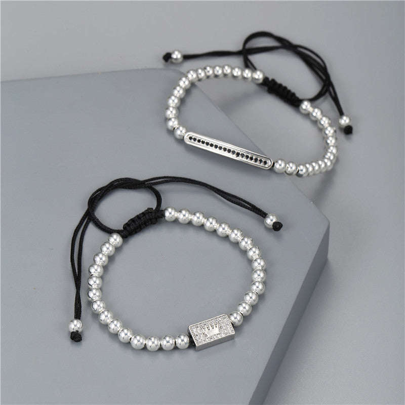 Vintage Punk Geometric Plated Titanium Steel Bracelet Set with Crown and Roman Letter Elements for Men and Women