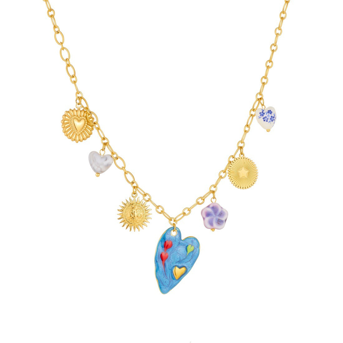 Creative Drip Oil Gold Plated Heart Floral Ceramic Pendant Stainless Steel Cable Chain Necklace for Women