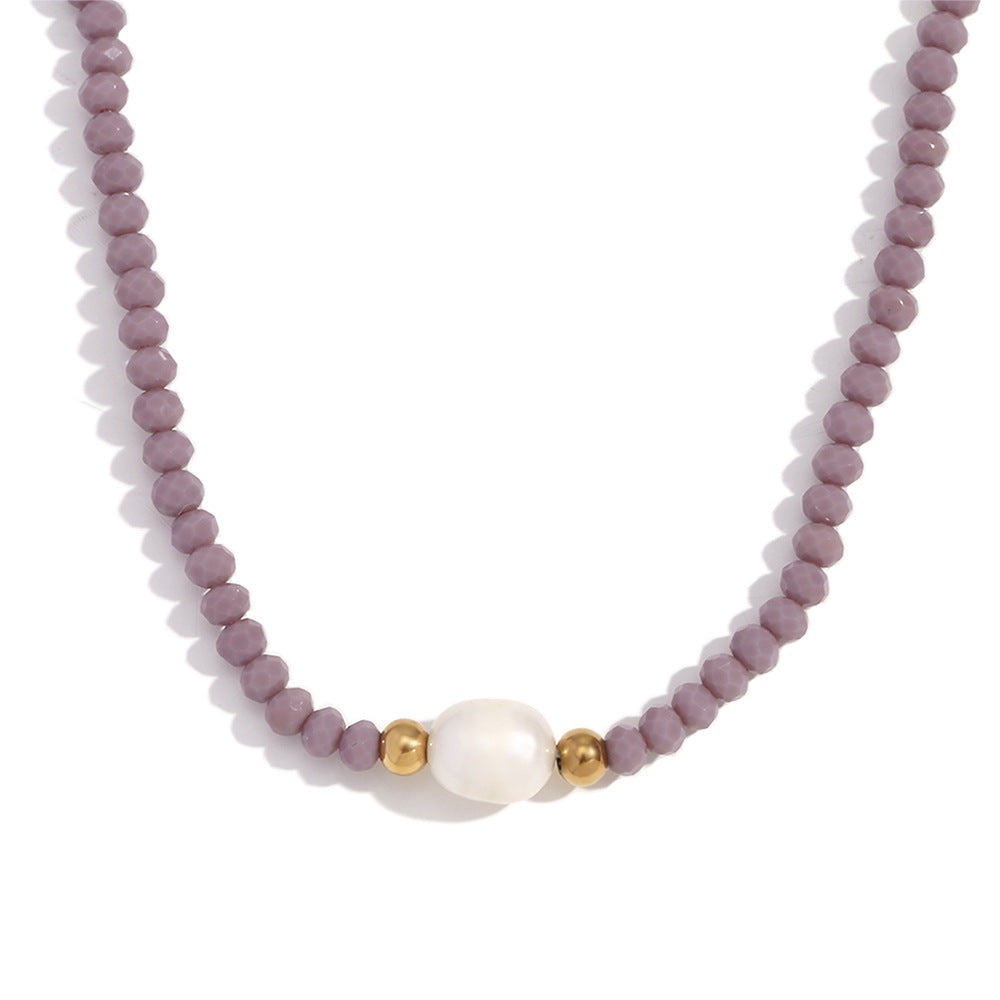 Collana con Pendente Geometrico Minimalista in Acciaio Inossidabile con Perla d'Acqua Dolce e Perle di Cristallo Viola da Donna