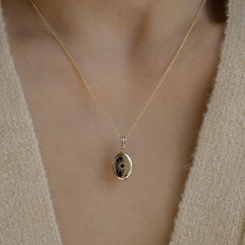 Vintage Oval Sun Moon Evil Eye Opening Photo Locket Necklace for Pets on Copper Snake Chain with Geometric Design