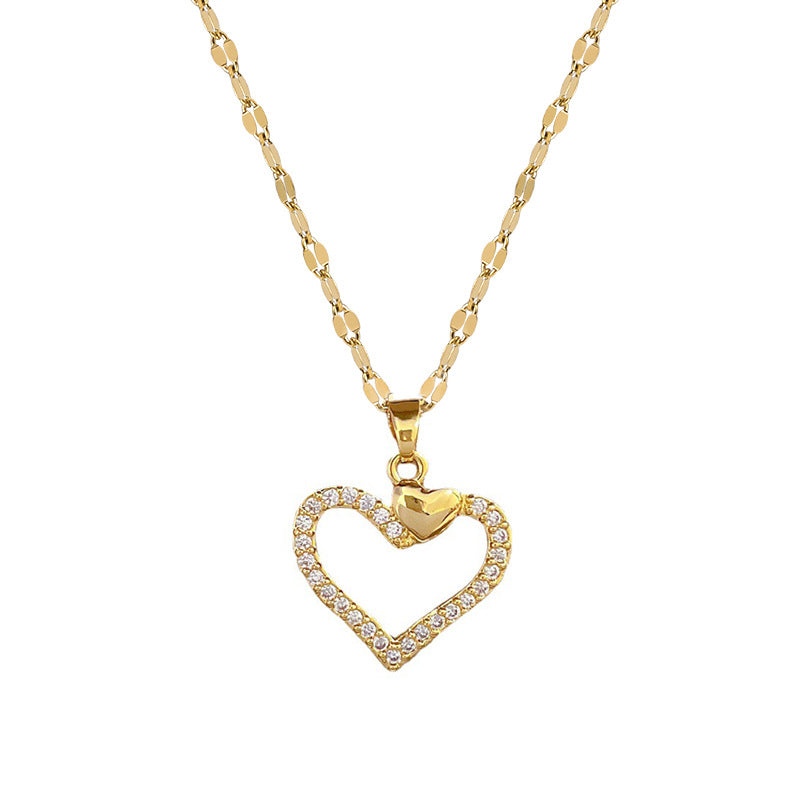 Luxury Titanium Steel Heart-Shaped Pendant Necklace for Women with Rhinestone Inlay, Elegant Clavicle Chain for Wedding, Banquet, and Special Occasions