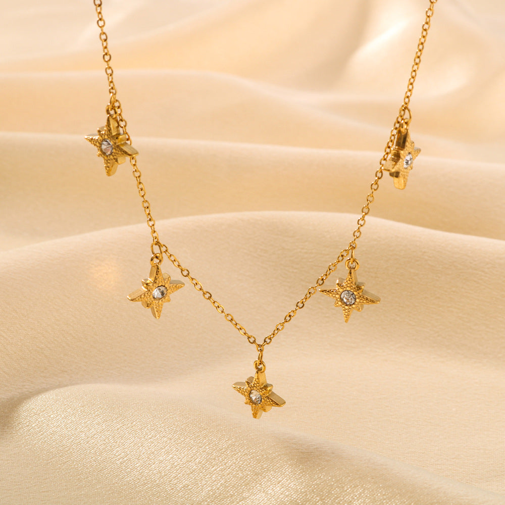 Elegant Geometric Eight-Pointed Star Rhinestone Pendant Necklace in Stainless Steel with 18K Gold Plating for Women