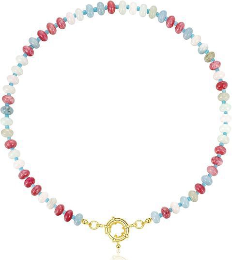 Sweet 8mm Natural Stone Bead Necklace Stainless Steel Geometric Round Ball Chain for Women