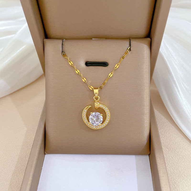 Collar de acero de titanio geométrico minimalista de lujo con incrustaciones de diamantes de imitación para mujer