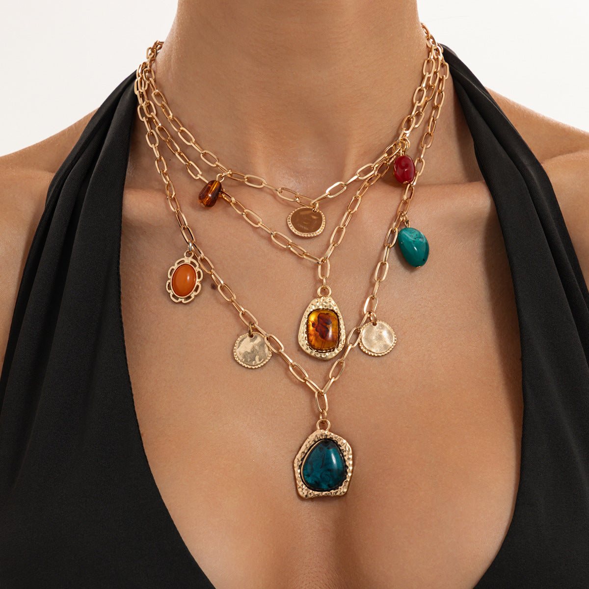 Ins Style Geometric Oval Multi-color Gradient Resin Gemstone Zinc Alloy Pendant Plated Iron Necklace for Women