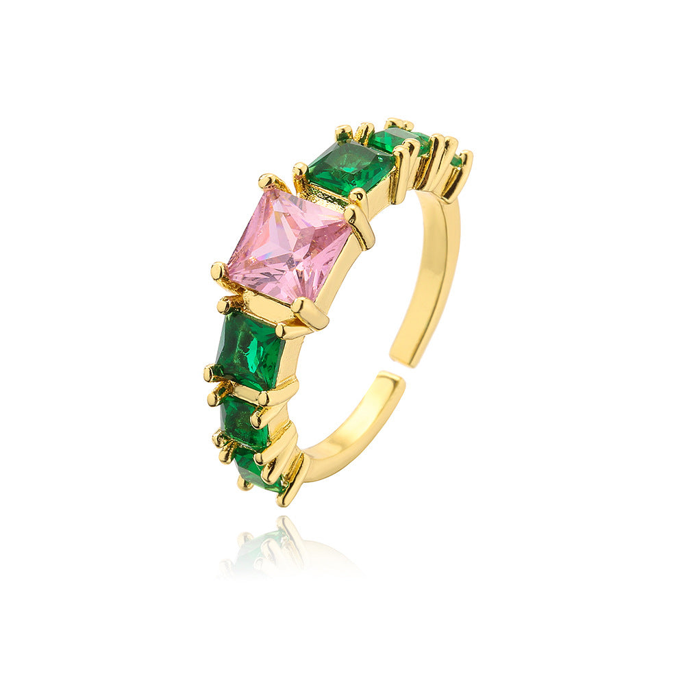 Anello Aperto Geometrico da Donna in Rame con Placcatura in Oro 18K e Intarsio di Zirconi Verdi