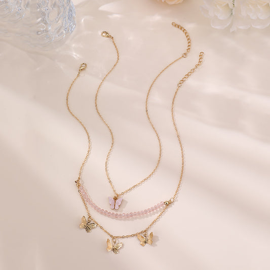 Minimalist Butterfly Bow Pendant Necklace Set for Girls with Resin Pendant and Polished Finish on Beaded Chain