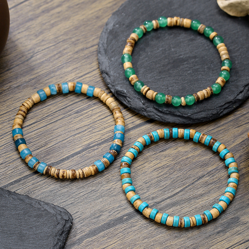 Vintage Round Wood and Turquoise Beaded Bracelet Set for Unisex