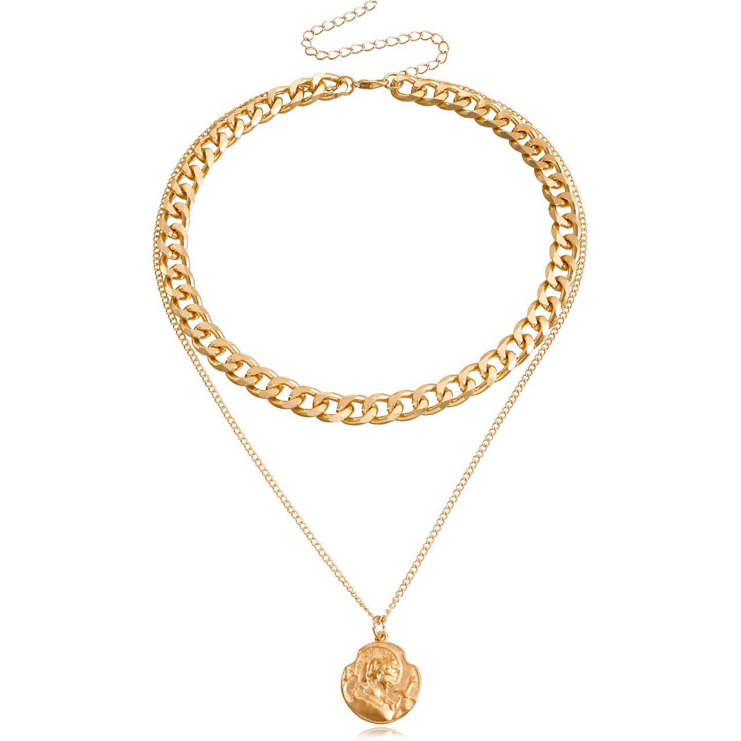 Vintage Double-Layer Geometric Alloy Pendant Necklace for Women with Electroplated Finish and Clavicle Chain Style