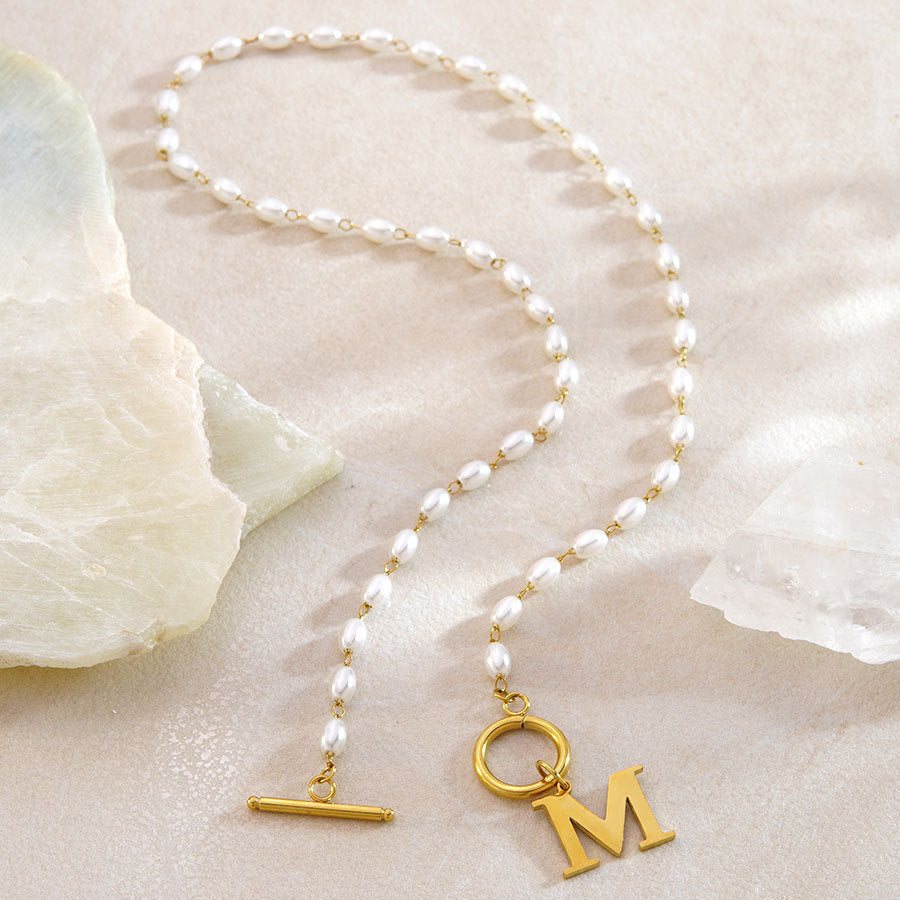 Elegant Stainless Steel Letter Pearl Pendant Ball Chain Necklace